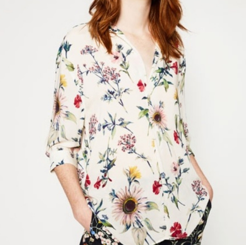Zara White Floral V-Neck Oversized Blouse
